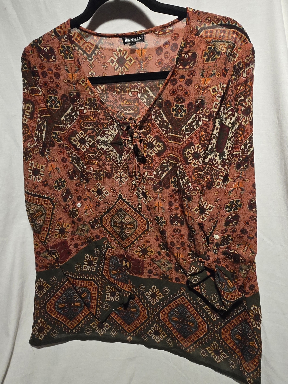 Hannah Boho Geometric Medallion Print Blouse Sheer V-Neck Tunic Top